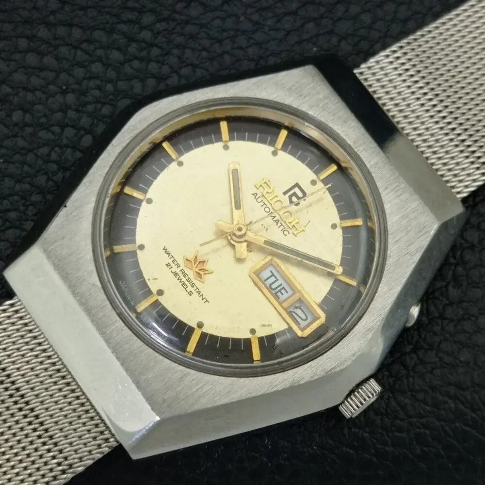 Vintage 1984 Ricoh Automatic Mens Silver Watch W/daydate & Gold accents